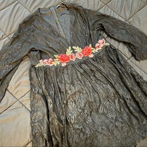 Plus Plunging Neck Embroidered Flower Applique Lace Overlay Dress